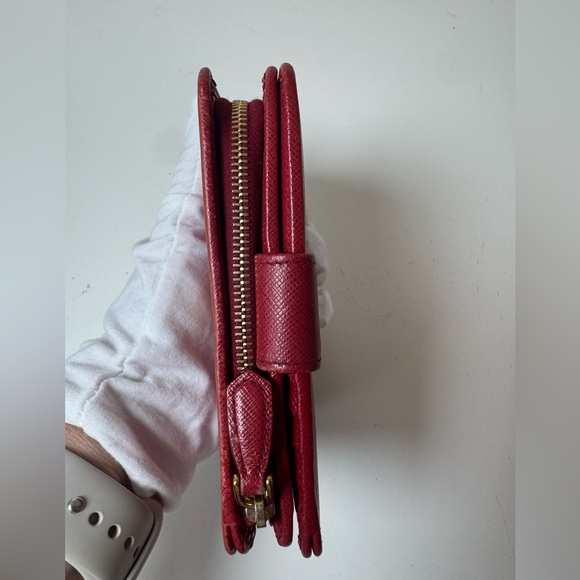 Prada Women’s Red Leather Saffiano Small Bifold Wallet with Gold-Toned Hardware - Picture 7 of 13